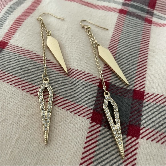 Two Strand Rhinestones & Gold Toned Dangle Earring - Picture 2 of 4